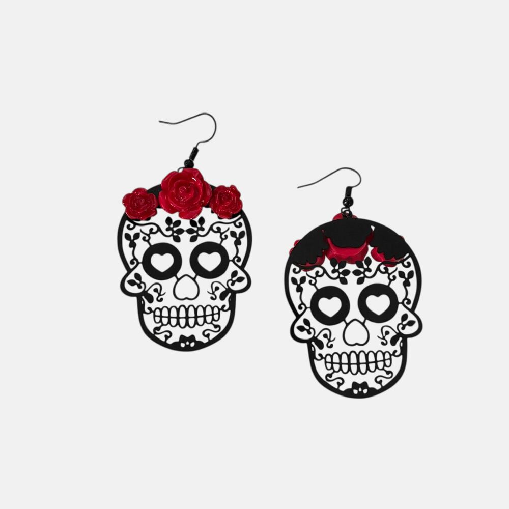 Red Roses Skull Head Drop Earrings - Picture 3 of 3